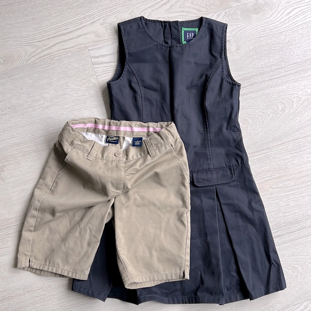 Gap Kids Uniform size 8 for Girls dress-navy, Austin Trading Co. Shorts-tan